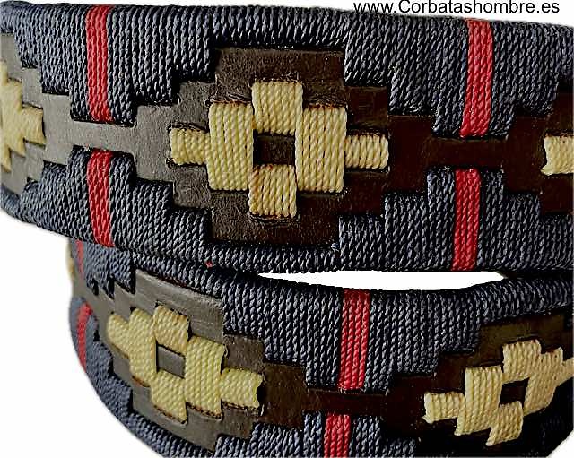 MEN'S LEATHER BELT WITH ARGENTINIAN NAVY, BONE AND RED WAXED CORD DECORATION 