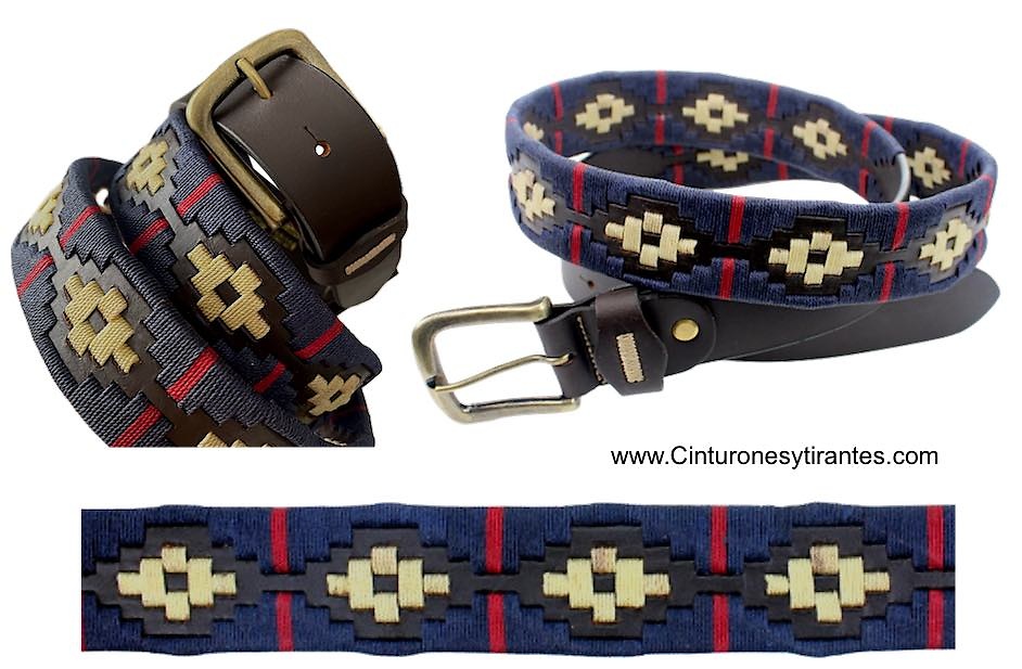 MEN'S LEATHER BELT WITH ARGENTINIAN NAVY, BONE AND RED WAXED CORD DECORATION 