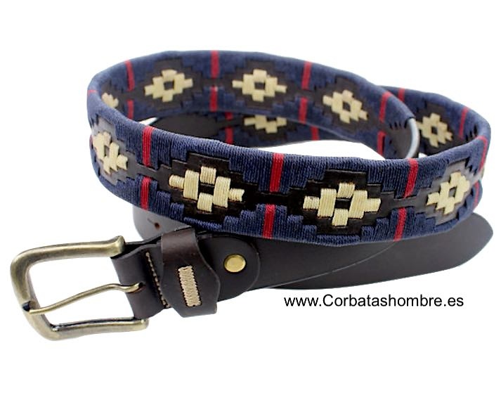 MEN'S LEATHER BELT WITH ARGENTINIAN NAVY, BONE AND RED WAXED CORD DECORATION 
