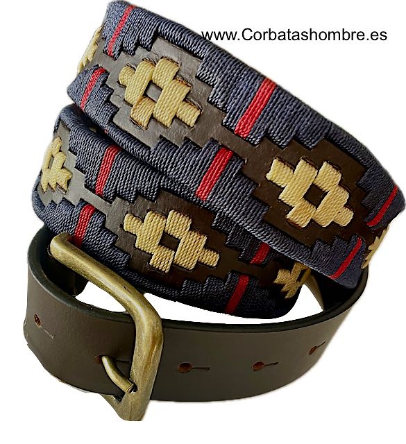 MEN'S LEATHER BELT WITH ARGENTINIAN NAVY, BONE AND RED WAXED CORD DECORATION 