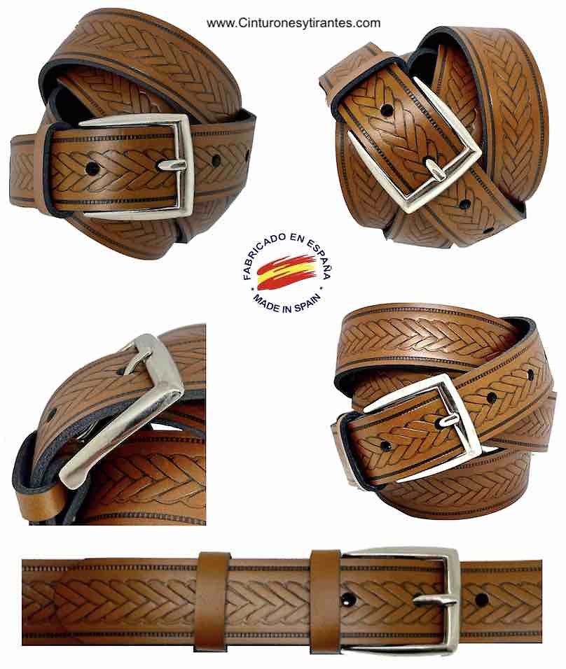 Men's leather belt with engraved ornament braiding 