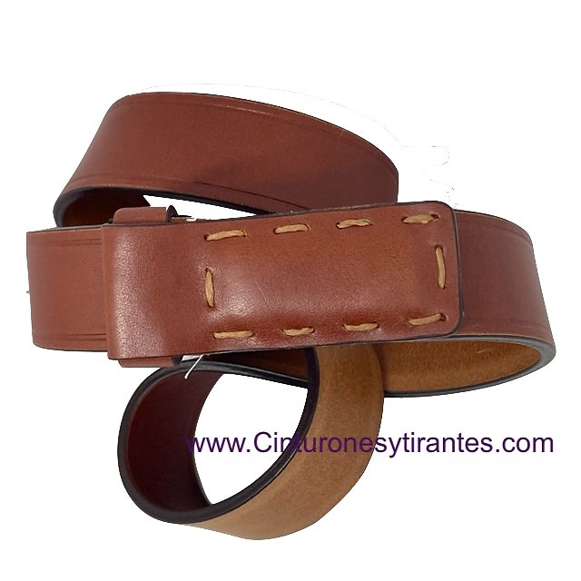 MEN'S LEATHER BELT WITH LINED BUCKLE AND HANDMADE STITCHING 