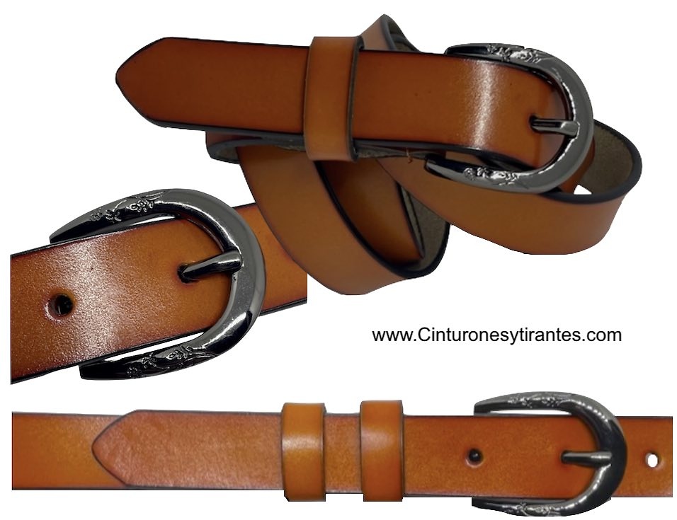 NARROW COW LEATHER BELT WITH EMBELLISHED SILVER BUCKLE 