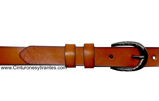 NARROW COW LEATHER BELT WITH EMBELLISHED SILVER BUCKLE 