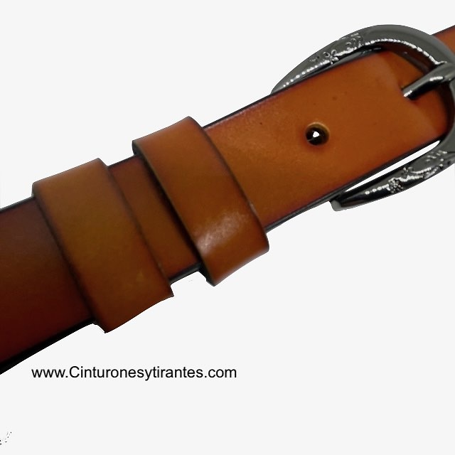 NARROW COW LEATHER BELT WITH EMBELLISHED SILVER BUCKLE 