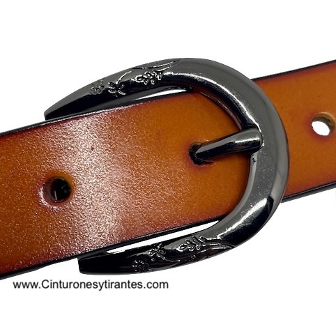 NARROW COW LEATHER BELT WITH EMBELLISHED SILVER BUCKLE 