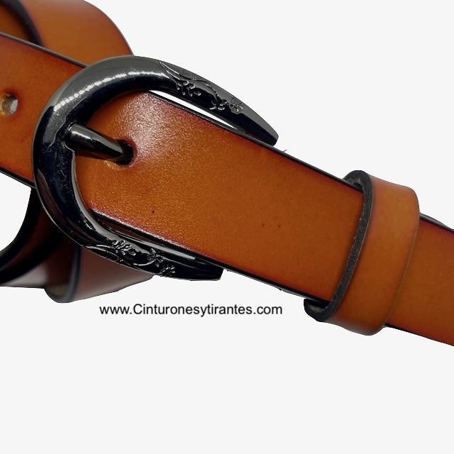 NARROW COW LEATHER BELT WITH EMBELLISHED SILVER BUCKLE 