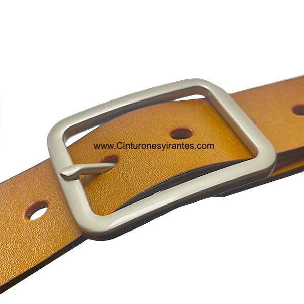 NATURAL LEATHER BELT WITH DOUBLE-PASS BLUE-FINISHED METAL BUCKLE 