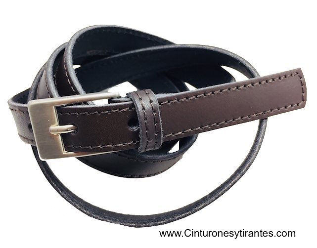 Narrow woman's leather belt with stitching 