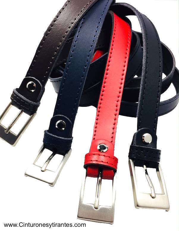 Narrow woman's leather belt with stitching 