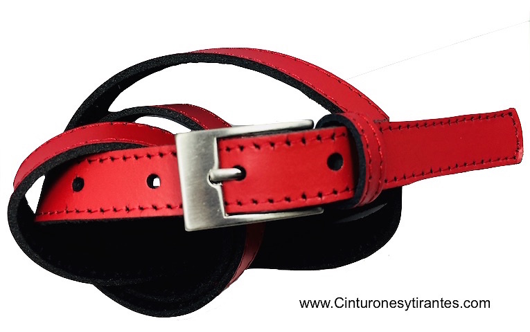 Narrow woman's leather belt with stitching 