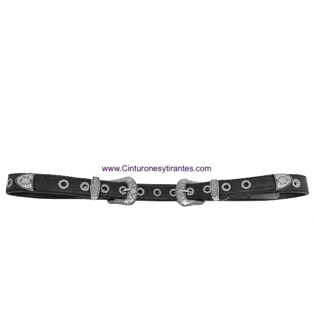 SILVER DOUBLE BUCKLE BELT WITH POINTS AND METAL EYES 