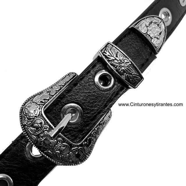 SILVER DOUBLE BUCKLE BELT WITH POINTS AND METAL EYES 