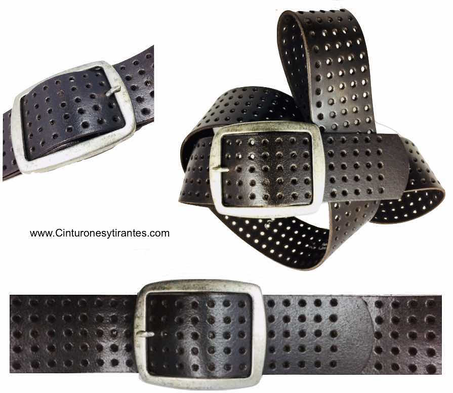 wide perforated leather belt with antique silver brown buckle 