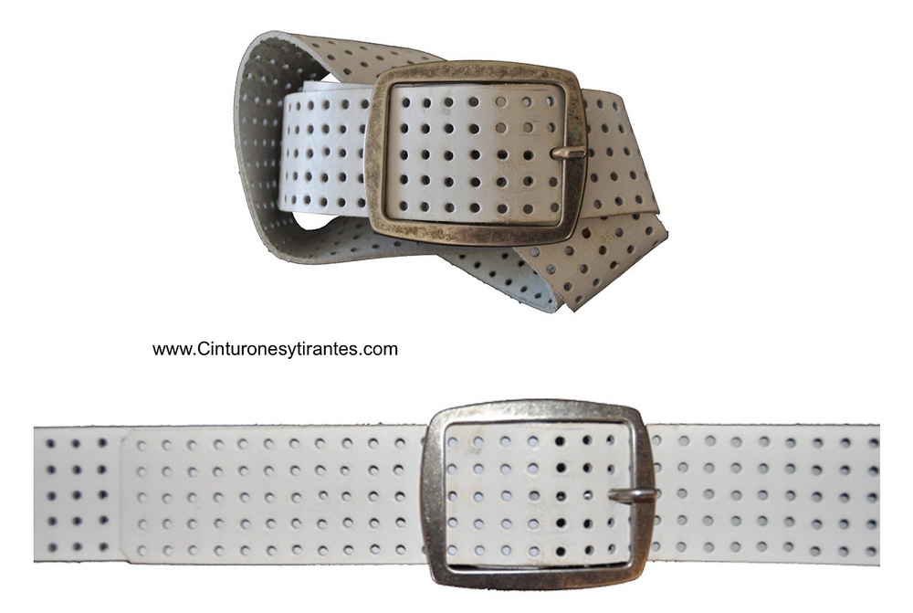 white leather belt with wide holes 