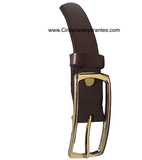 WOMEN'S BROWN LEATHER DRESS BELT WITH GOLD-PLATED DOUBLE PASS BUCKLE 