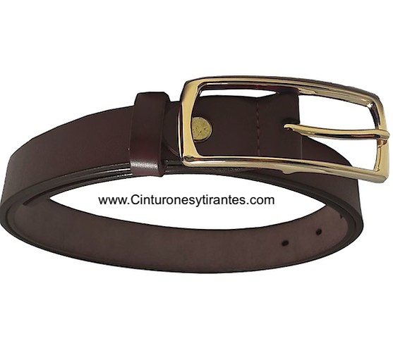 WOMEN'S BROWN LEATHER DRESS BELT WITH GOLD-PLATED DOUBLE PASS BUCKLE 