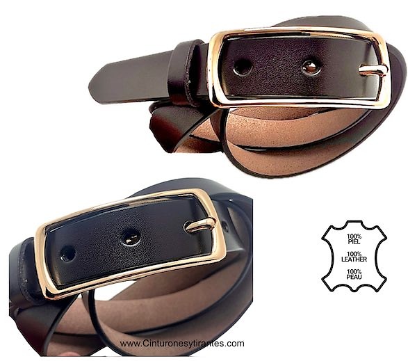 WOMEN'S BROWN LEATHER DRESS BELT WITH GOLD-PLATED DOUBLE PASS BUCKLE 
