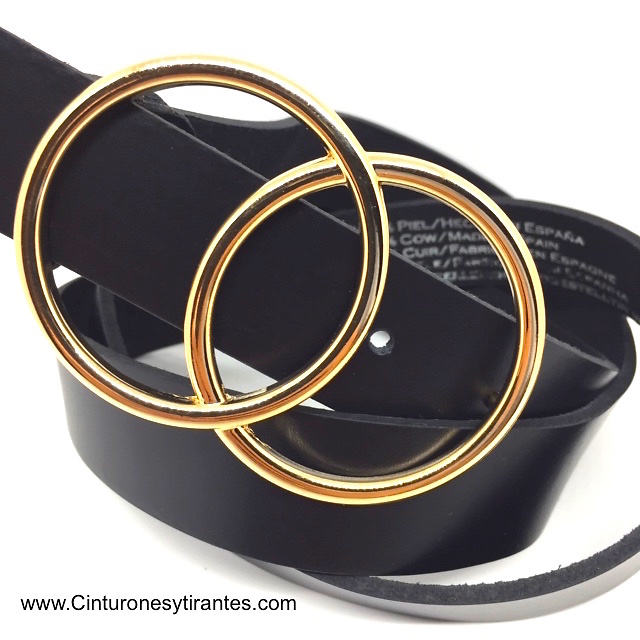 WOMEN'S BLACK LEATHER BELT WITH DOUBLE HOOP GOLDEN BUCKLE 