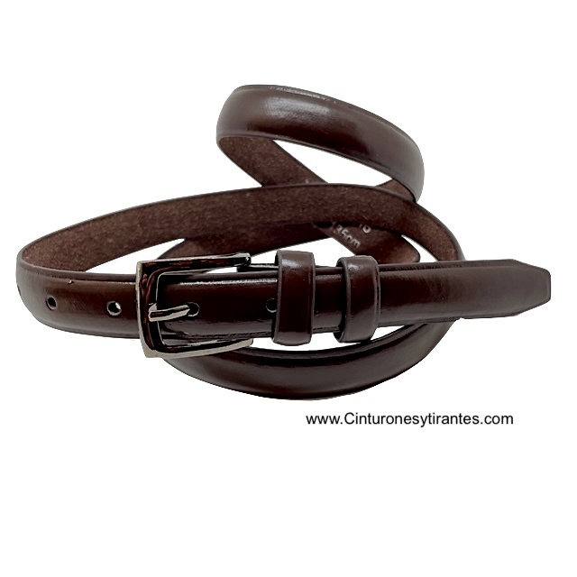 WOMEN'S NARROW BROWN LEATHER BELT WITH DOUBLE PIN 