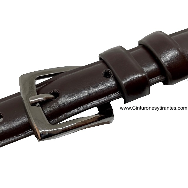 WOMEN'S NARROW BROWN LEATHER BELT WITH DOUBLE PIN 