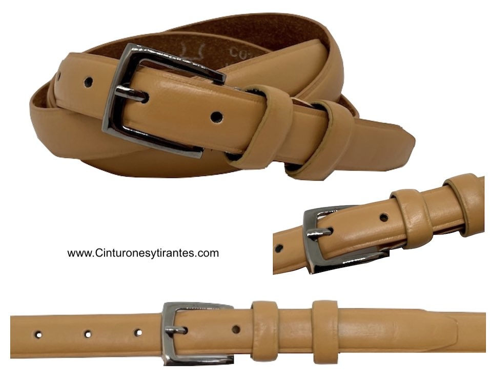 Women's narrow camel leather belt 
