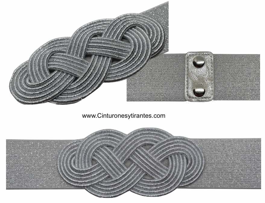 WOMEN'S SILVER ELASTIC BELT WITH SILVER CORDED EIGHTS CLASP 
