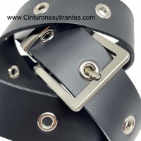 BLACK LEATHER BELT WITH EYES AND PINK CHROME METAL PIN