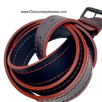 BLACK LEATHER BELT WITH RED STITCHING AND RED SPURS AND BLACK BUCKLE