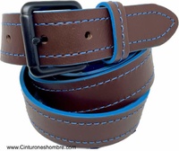 BROWN LEATHER BELT WITH BLUE STITCHING AND BLUE EDGES
