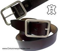 DARK BROWN LEATHER BELT WITH DOUBLE-PASS BLUE-FINISHED BUCKLE