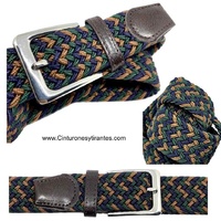 ELASTIC BRAIDED BELT FOR MEN IN CAMEL AND NAVY BLUE WITH GREEN