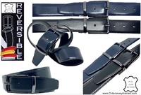MEN'S REVERSIBLE BLACK AND NAVY BLUE LUXURY LEATHER BELT WITH BLUE BUCKLE