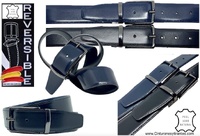 MEN'S REVERSIBLE BLACK AND NAVY BLUE LUXURY LEATHER BELT WITH BLUE BUCKLE